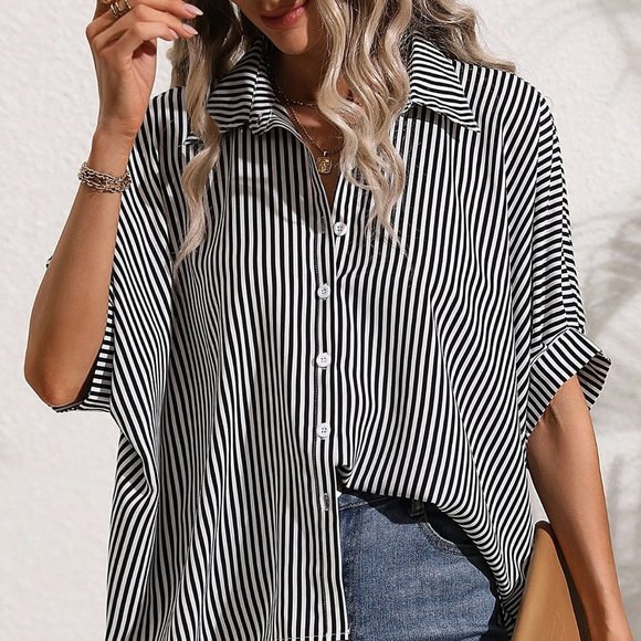 Black & White Casual Womens Striped Print Batwing Sleeve Shirt - Picture 3 of 5